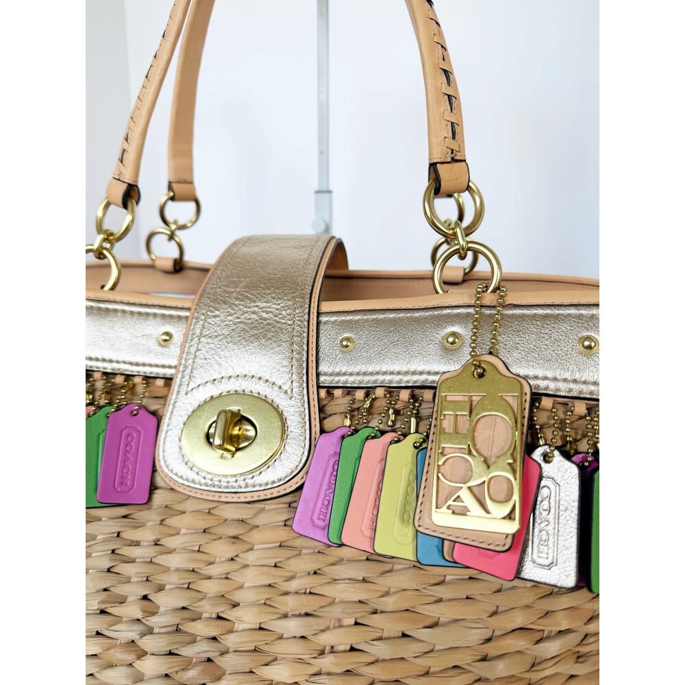 Coach Leather Hangtag Straw Basket Hamptons Weekend Tote Multicolor 70th Anniver - Picture 5 of 16